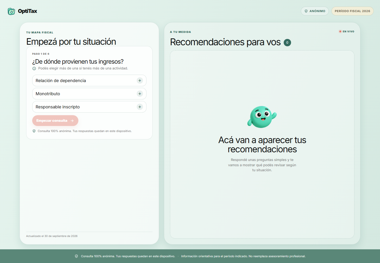 OptiTax shows an anonymous, step-by-step tax guide and tailored recommendations.